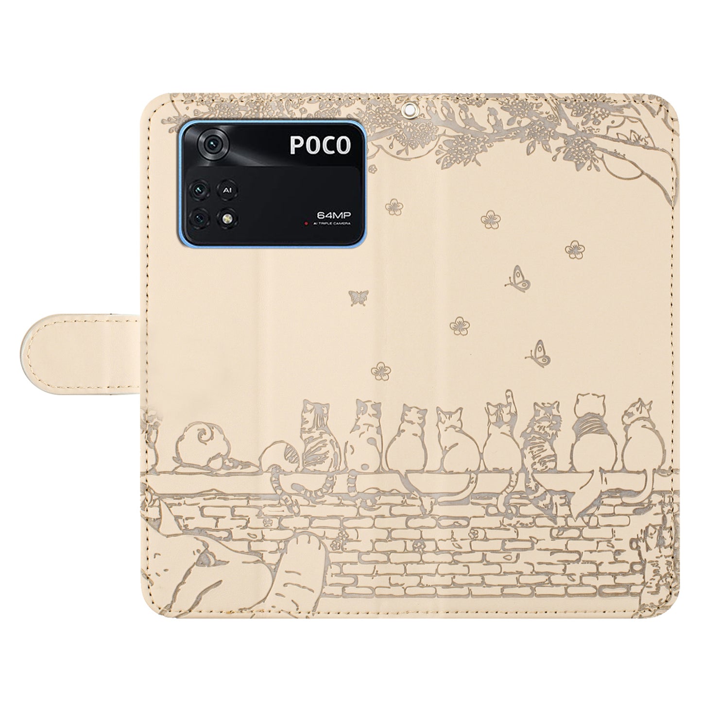 Wall Cats Imprinted Phone Case for Xiaomi Poco M4 Pro 4G , Stand PU Leather Wallet Cover with Strap - Apricot
