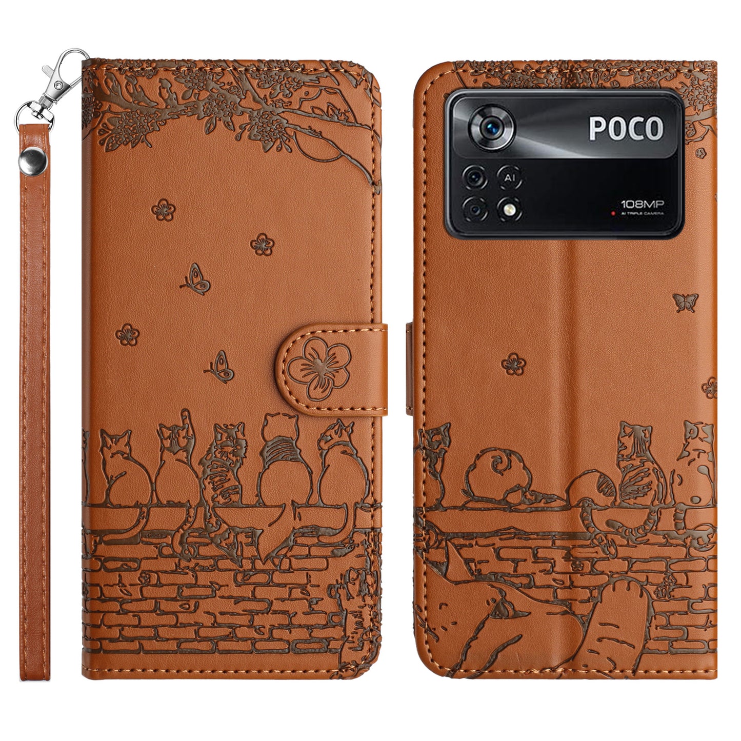Uniqkart for Xiaomi Poco X4 Pro 5G PU Leather Phone Case Wall Cats Imprinted Stand Wallet Phone Cover with Strap - Brown