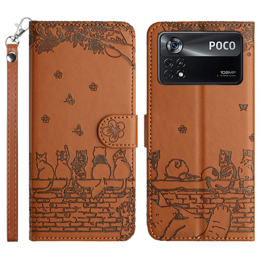 Uniqkart for Xiaomi Poco X4 Pro 5G PU Leather Phone Case Wall Cats Imprinted Stand Wallet Phone Cover with Strap - Brown