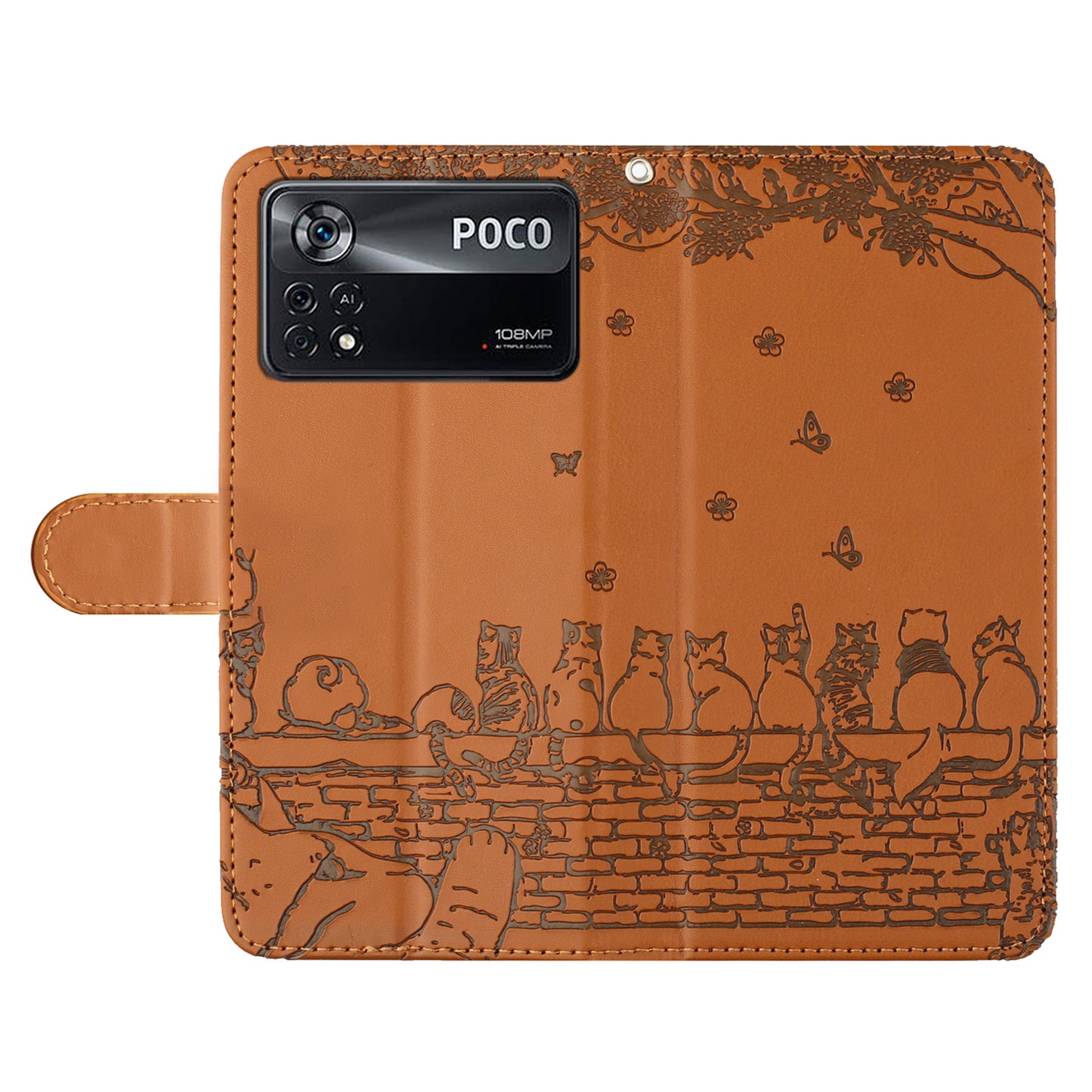 Uniqkart for Xiaomi Poco X4 Pro 5G PU Leather Phone Case Wall Cats Imprinted Stand Wallet Phone Cover with Strap - Brown