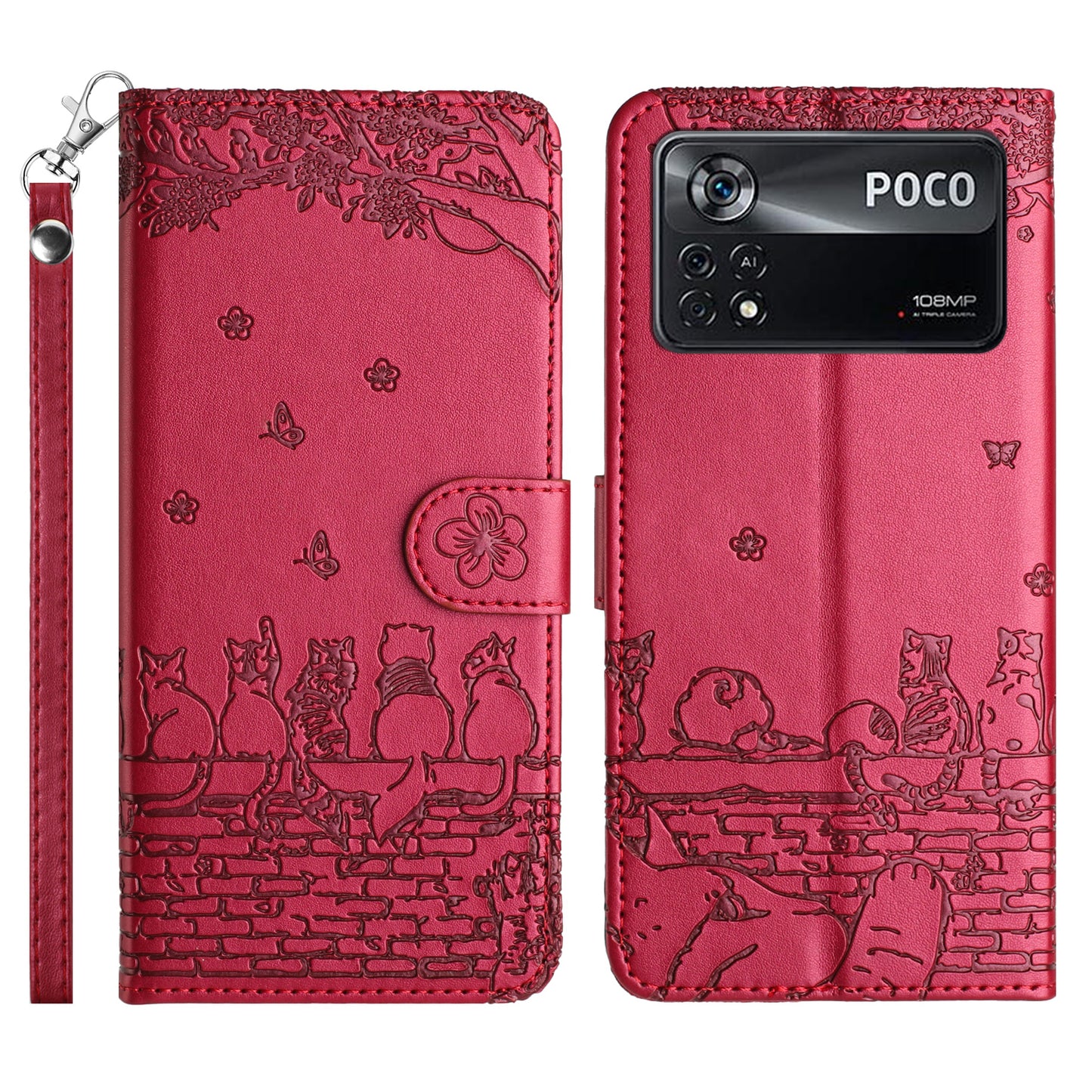 Uniqkart for Xiaomi Poco X4 Pro 5G PU Leather Phone Case Wall Cats Imprinted Stand Wallet Phone Cover with Strap - Red