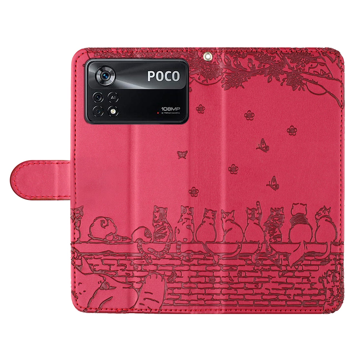Uniqkart for Xiaomi Poco X4 Pro 5G PU Leather Phone Case Wall Cats Imprinted Stand Wallet Phone Cover with Strap - Red