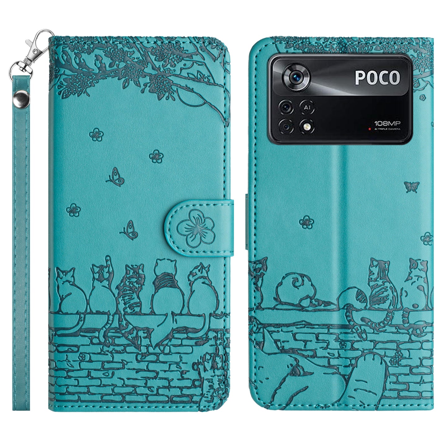 Uniqkart for Xiaomi Poco X4 Pro 5G PU Leather Phone Case Wall Cats Imprinted Stand Wallet Phone Cover with Strap - Blue