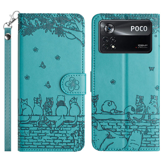 Uniqkart for Xiaomi Poco X4 Pro 5G PU Leather Phone Case Wall Cats Imprinted Stand Wallet Phone Cover with Strap - Blue
