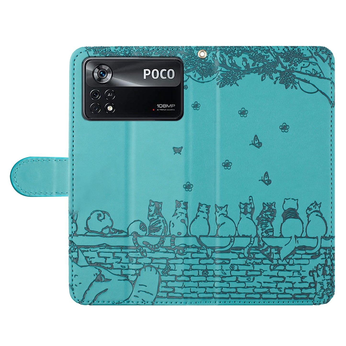 Uniqkart for Xiaomi Poco X4 Pro 5G PU Leather Phone Case Wall Cats Imprinted Stand Wallet Phone Cover with Strap - Blue
