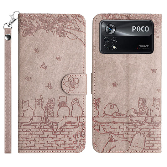 Uniqkart for Xiaomi Poco X4 Pro 5G PU Leather Phone Case Wall Cats Imprinted Stand Wallet Phone Cover with Strap - Smoky Purple