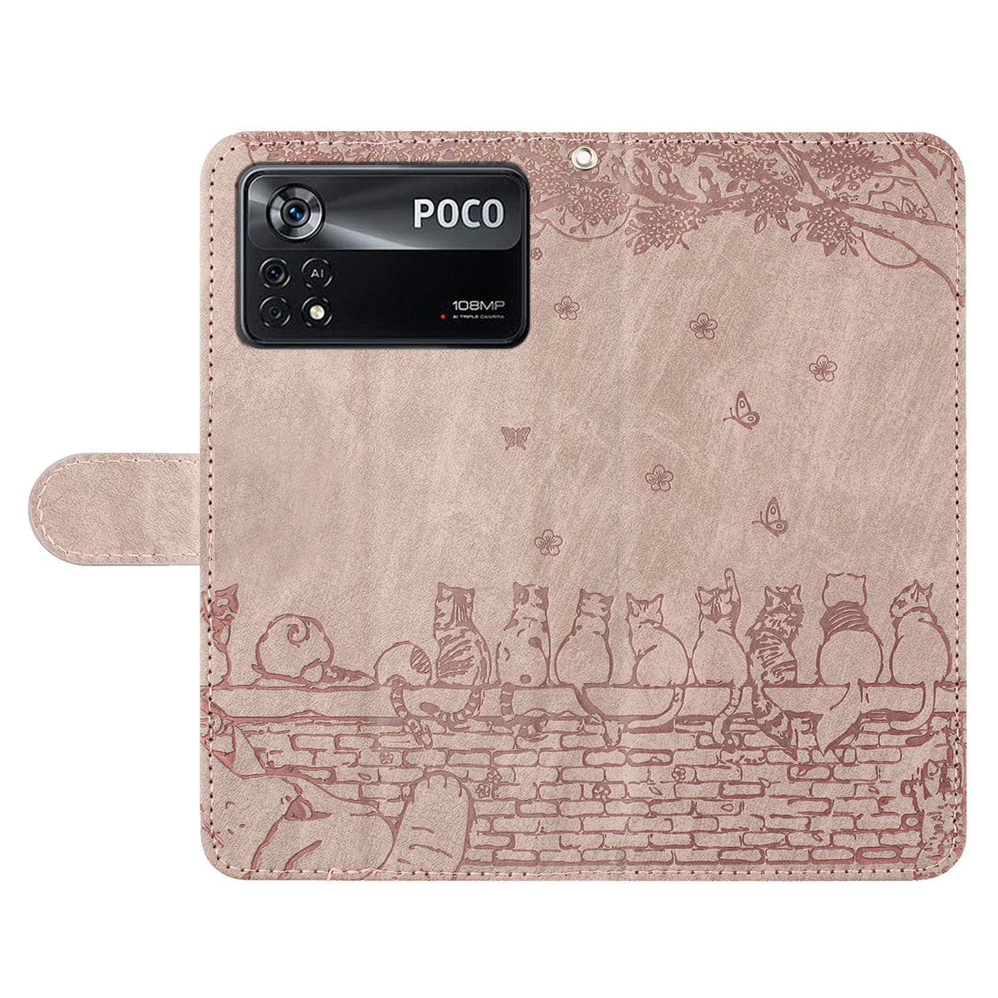 Uniqkart for Xiaomi Poco X4 Pro 5G PU Leather Phone Case Wall Cats Imprinted Stand Wallet Phone Cover with Strap - Smoky Purple