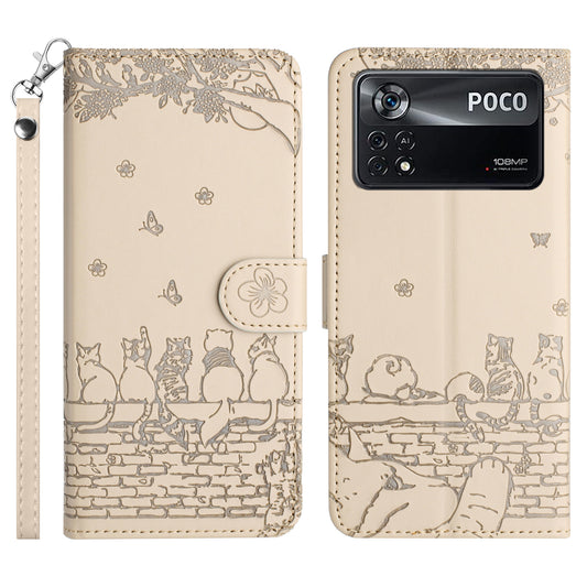 Uniqkart for Xiaomi Poco X4 Pro 5G PU Leather Phone Case Wall Cats Imprinted Stand Wallet Phone Cover with Strap - Apricot