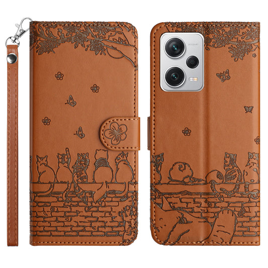 Uniqkart for Xiaomi Redmi Note 12 Pro 5G / 12 Pro Speed 5G / Poco X5 Pro 5G Imprinted PU Leather Phone Case Wallet Stand Cover with Strap - Brown