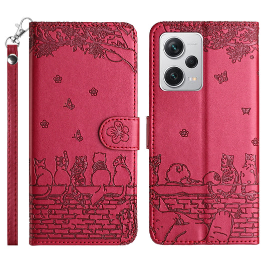 Uniqkart for Xiaomi Redmi Note 12 Pro 5G / 12 Pro Speed 5G / Poco X5 Pro 5G Imprinted PU Leather Phone Case Wallet Stand Cover with Strap - Red