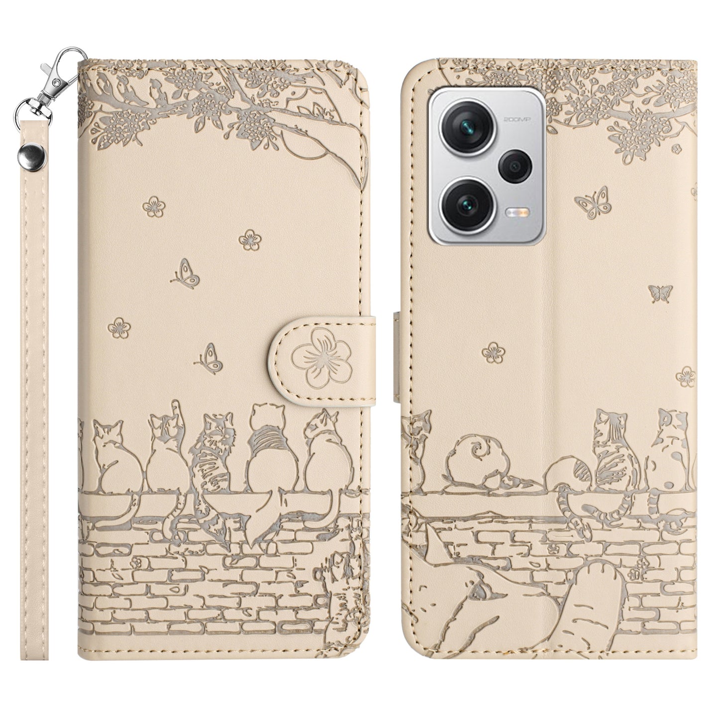 Uniqkart for Xiaomi Redmi Note 12 Pro 5G / 12 Pro Speed 5G / Poco X5 Pro 5G Imprinted PU Leather Phone Case Wallet Stand Cover with Strap - Apricot