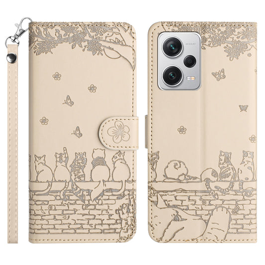 Uniqkart for Xiaomi Redmi Note 12 Pro 5G / 12 Pro Speed 5G / Poco X5 Pro 5G Imprinted PU Leather Phone Case Wallet Stand Cover with Strap - Apricot