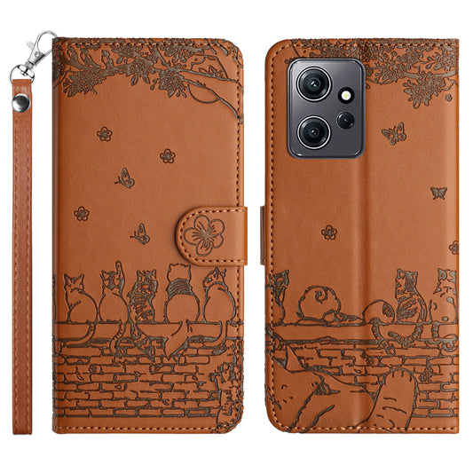 Uniqkart for Xiaomi Redmi Note 12 4G Stand Wallet Case Wall Cats Imprinted PU Leather Phone Cover with Strap - Brown