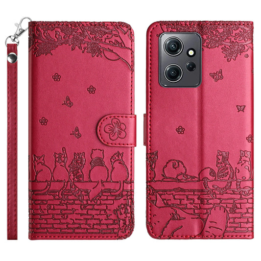 Uniqkart for Xiaomi Redmi Note 12 4G Stand Wallet Case Wall Cats Imprinted PU Leather Phone Cover with Strap - Red