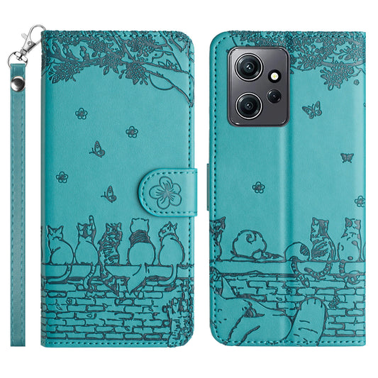 Uniqkart for Xiaomi Redmi Note 12 4G Stand Wallet Case Wall Cats Imprinted PU Leather Phone Cover with Strap - Blue