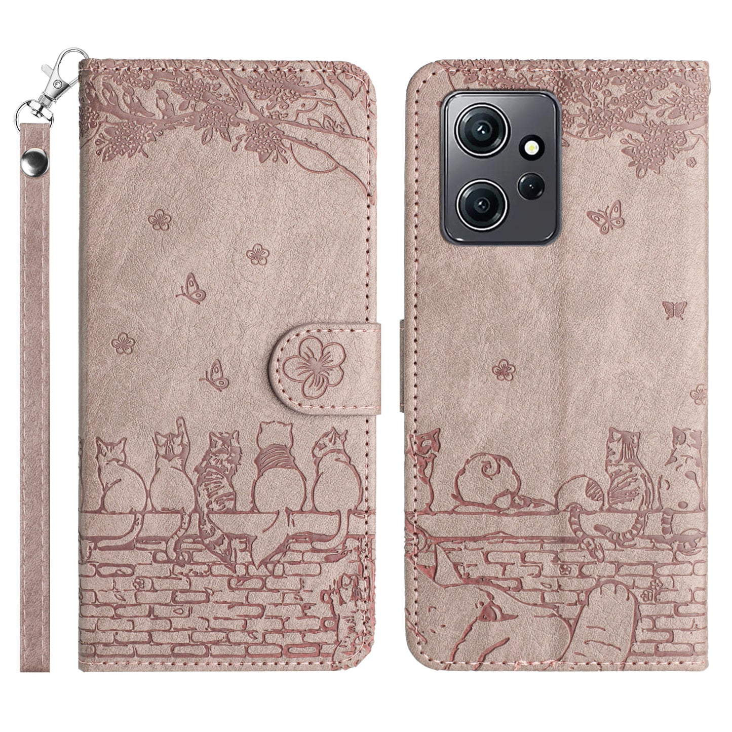 Uniqkart for Xiaomi Redmi Note 12 4G Stand Wallet Case Wall Cats Imprinted PU Leather Phone Cover with Strap - Smoky Purple