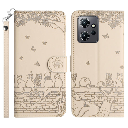 Uniqkart for Xiaomi Redmi Note 12 4G Stand Wallet Case Wall Cats Imprinted PU Leather Phone Cover with Strap - Apricot