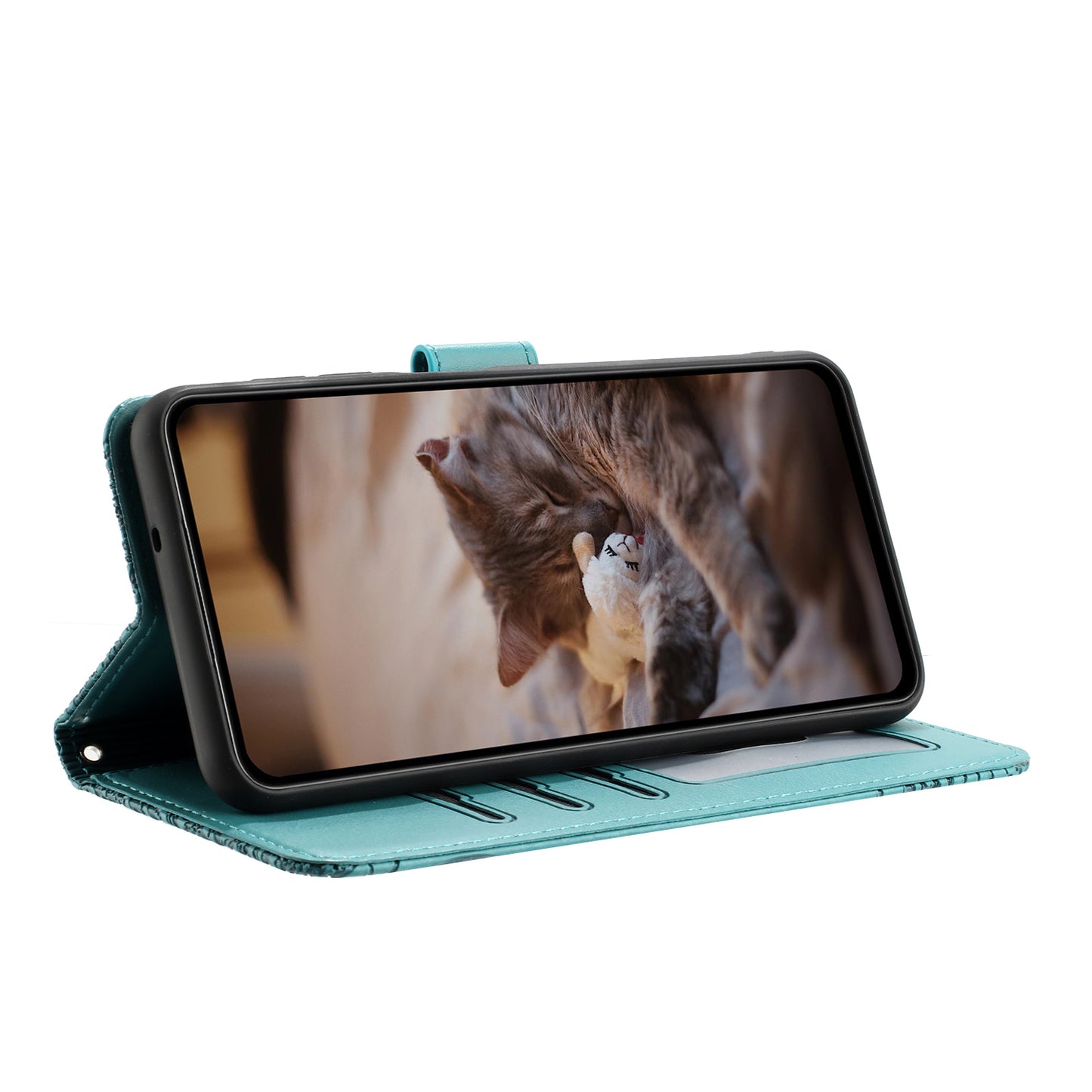 Wall Cats Imprinted Phone Cover for iPhone 15 , Stand Wallet Anti-drop Leather Case with Strap - Blue