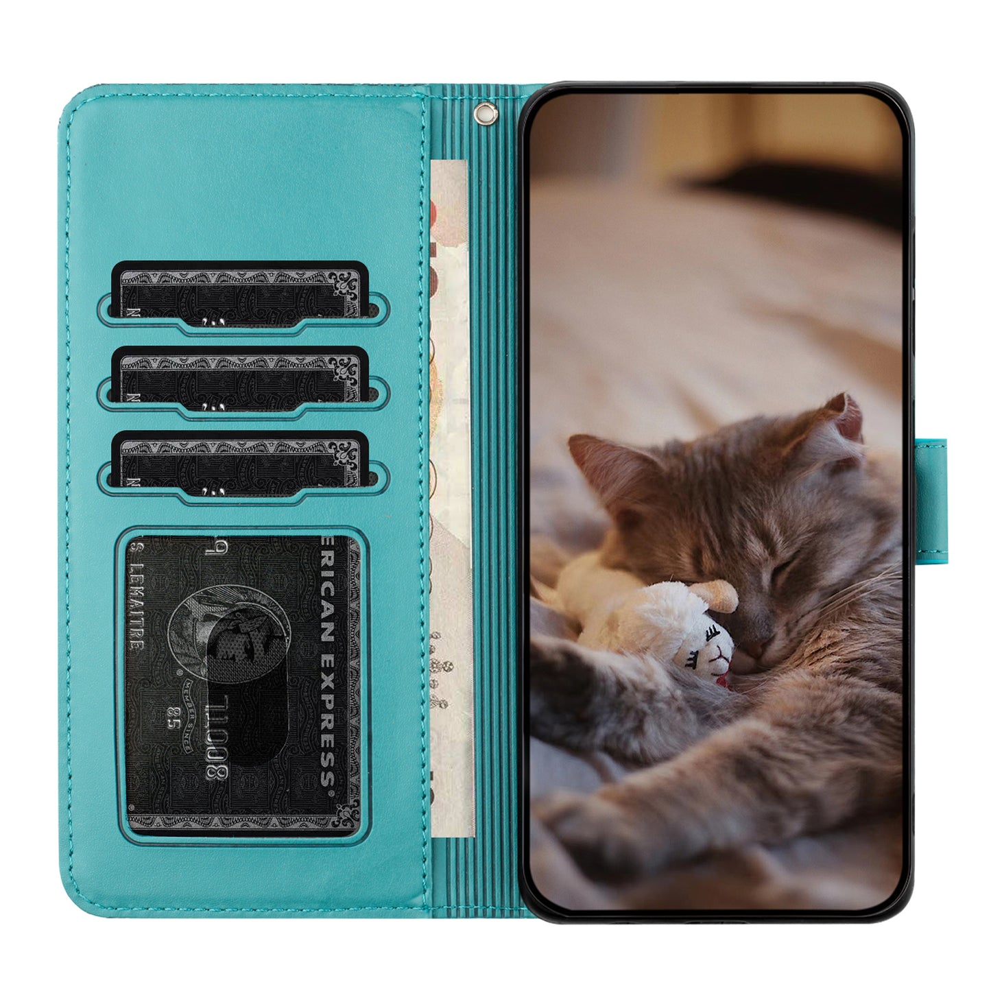 Wall Cats Imprinted Phone Cover for iPhone 15 , Stand Wallet Anti-drop Leather Case with Strap - Blue
