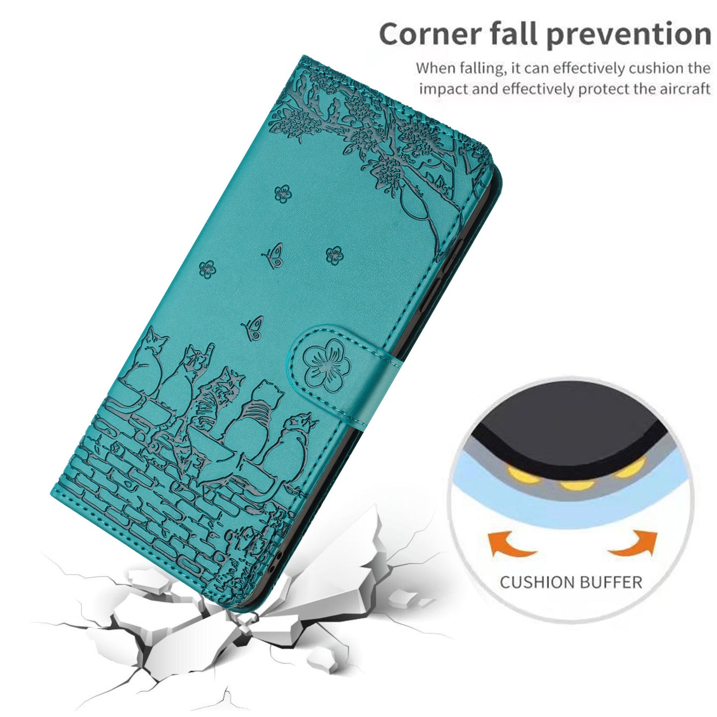 Wall Cats Imprinted Phone Cover for iPhone 15 , Stand Wallet Anti-drop Leather Case with Strap - Blue