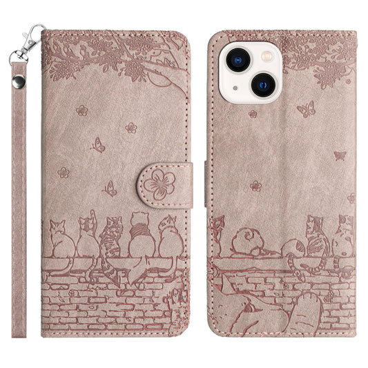 Wall Cats Imprinted Phone Cover for iPhone 15 , Stand Wallet Anti-drop Leather Case with Strap - Smoky Purple