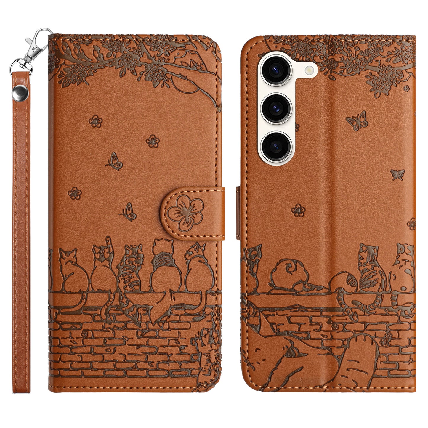 PU Leather Stand Case for Samsung Galaxy S23+ , Wall Cats Imprinted Phone Wallet Cover with Strap - Brown