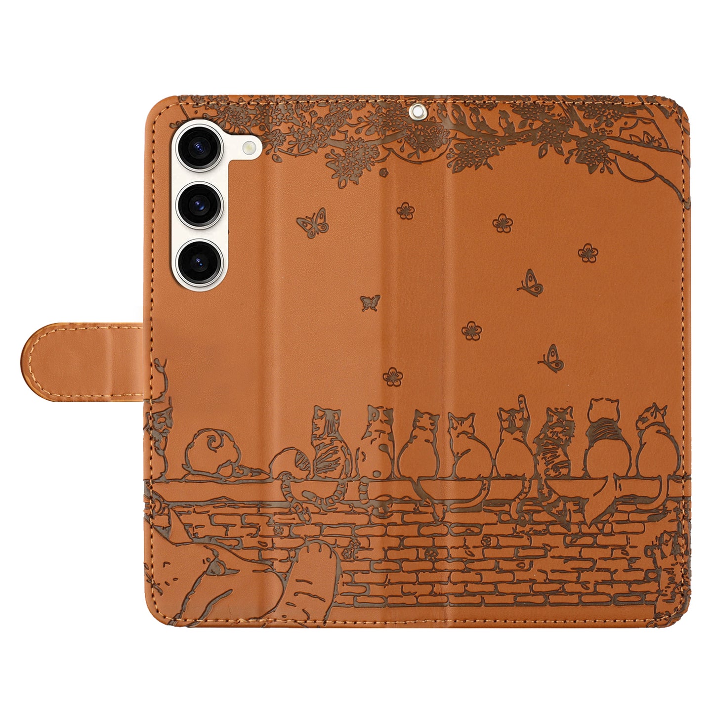 PU Leather Stand Case for Samsung Galaxy S23+ , Wall Cats Imprinted Phone Wallet Cover with Strap - Brown