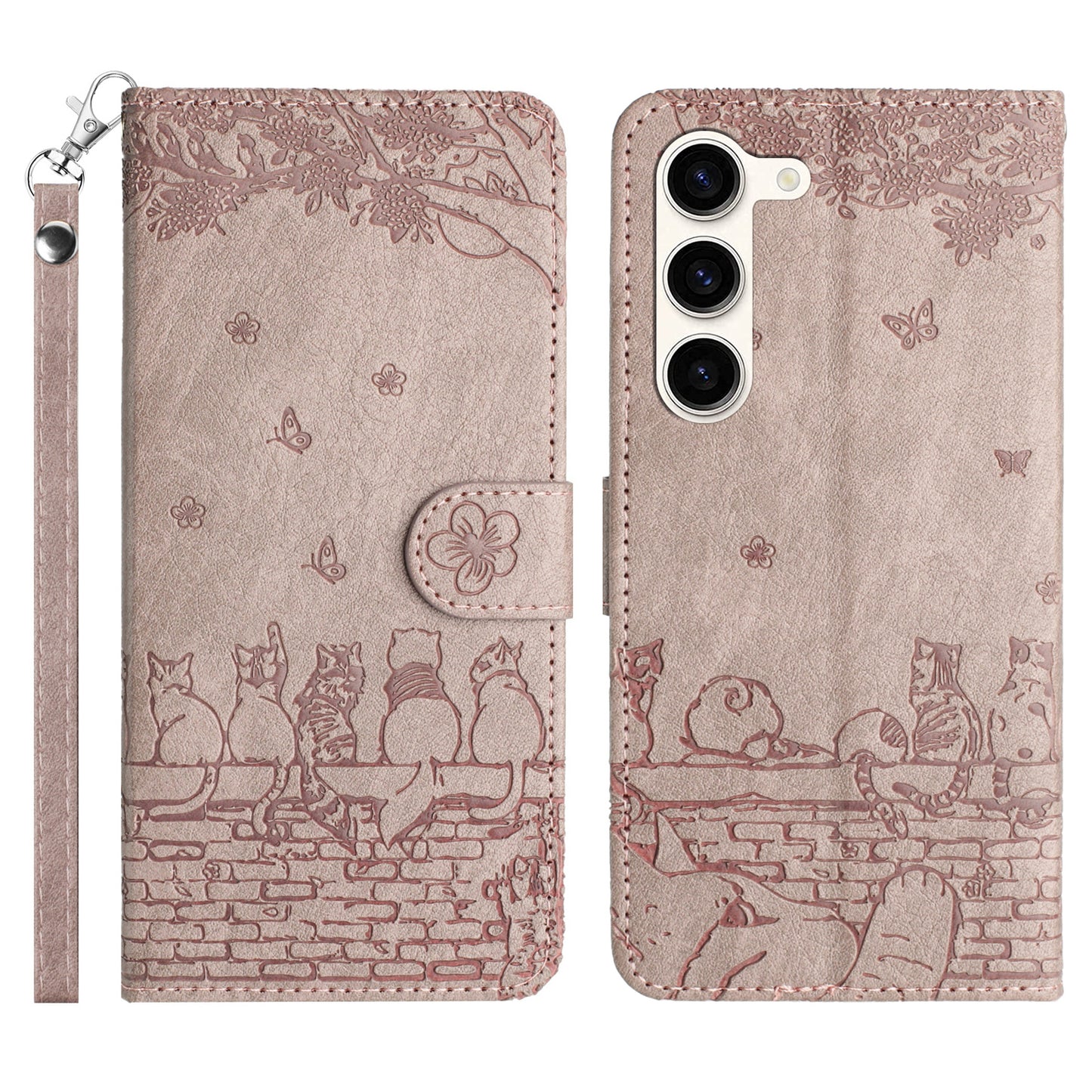 PU Leather Stand Case for Samsung Galaxy S23+ , Wall Cats Imprinted Phone Wallet Cover with Strap - Smoky Purple