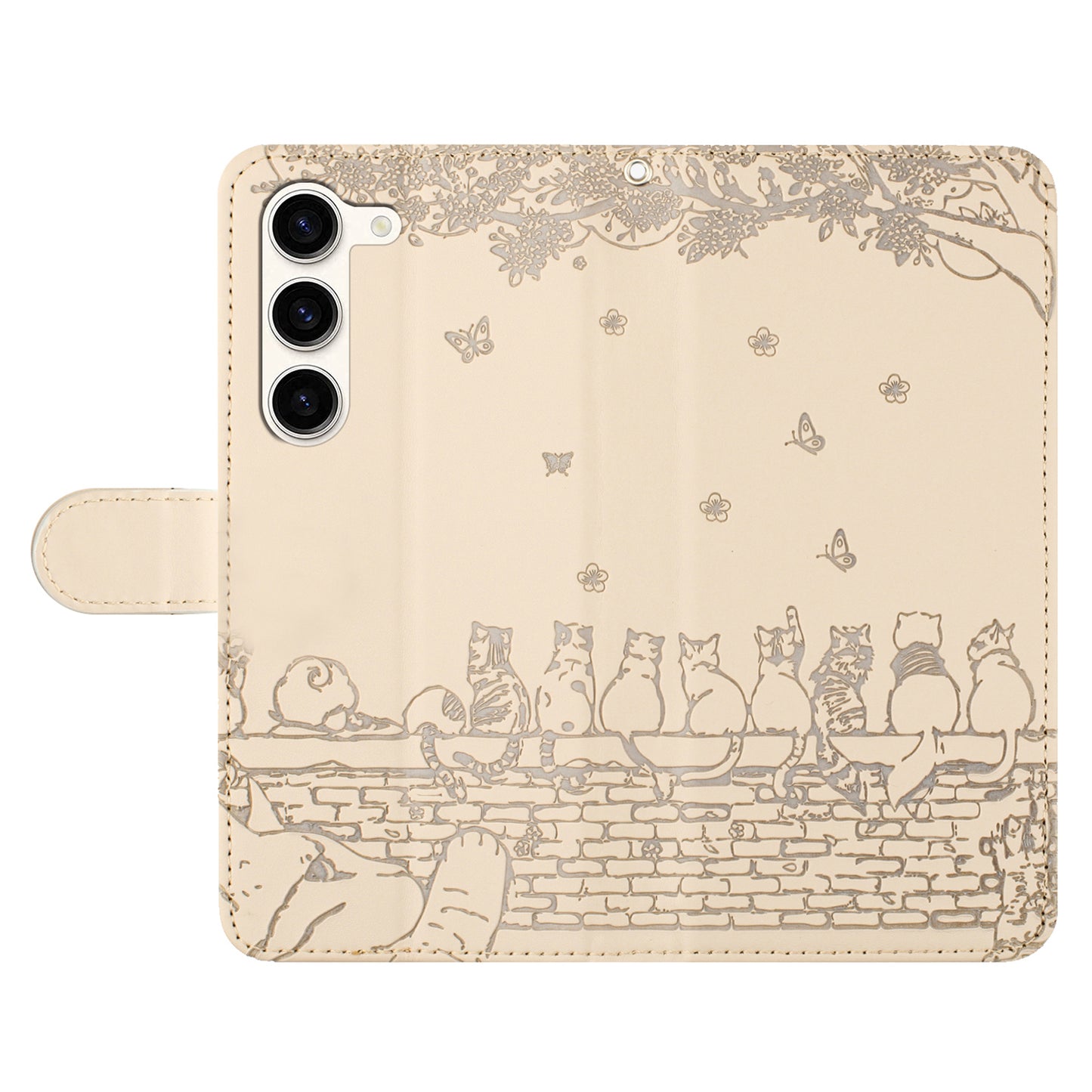 PU Leather Stand Case for Samsung Galaxy S23+ , Wall Cats Imprinted Phone Wallet Cover with Strap - Apricot