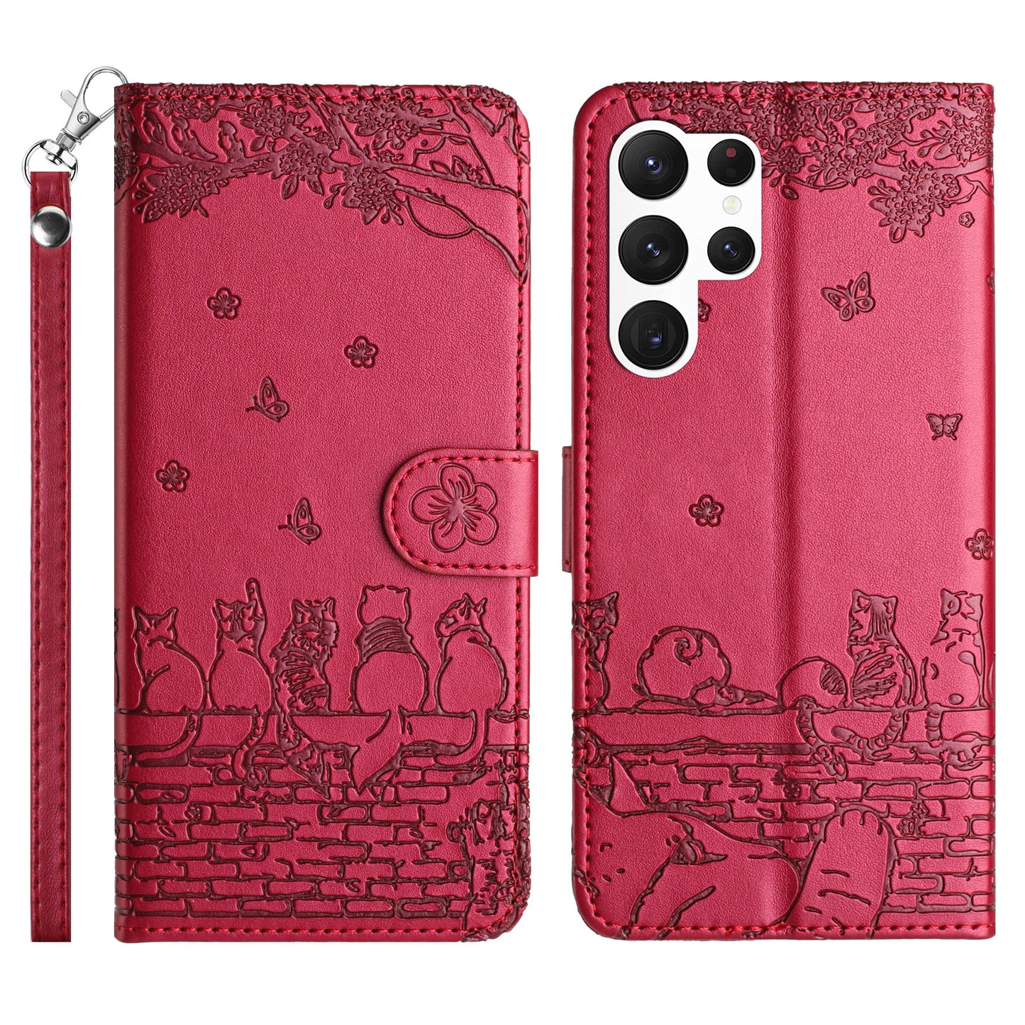 Wall Cats Imprinted Phone Case for Samsung Galaxy S23 Ultra , PU Leather Stand Wallet Cover with Strap - Red