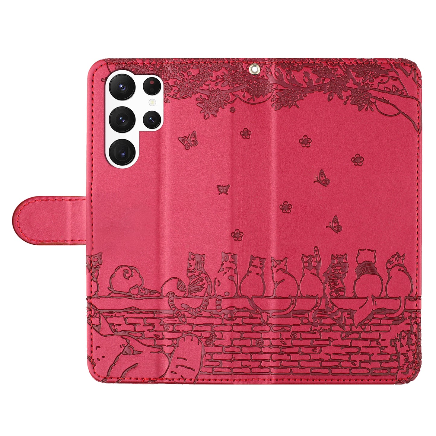 Wall Cats Imprinted Phone Case for Samsung Galaxy S23 Ultra , PU Leather Stand Wallet Cover with Strap - Red
