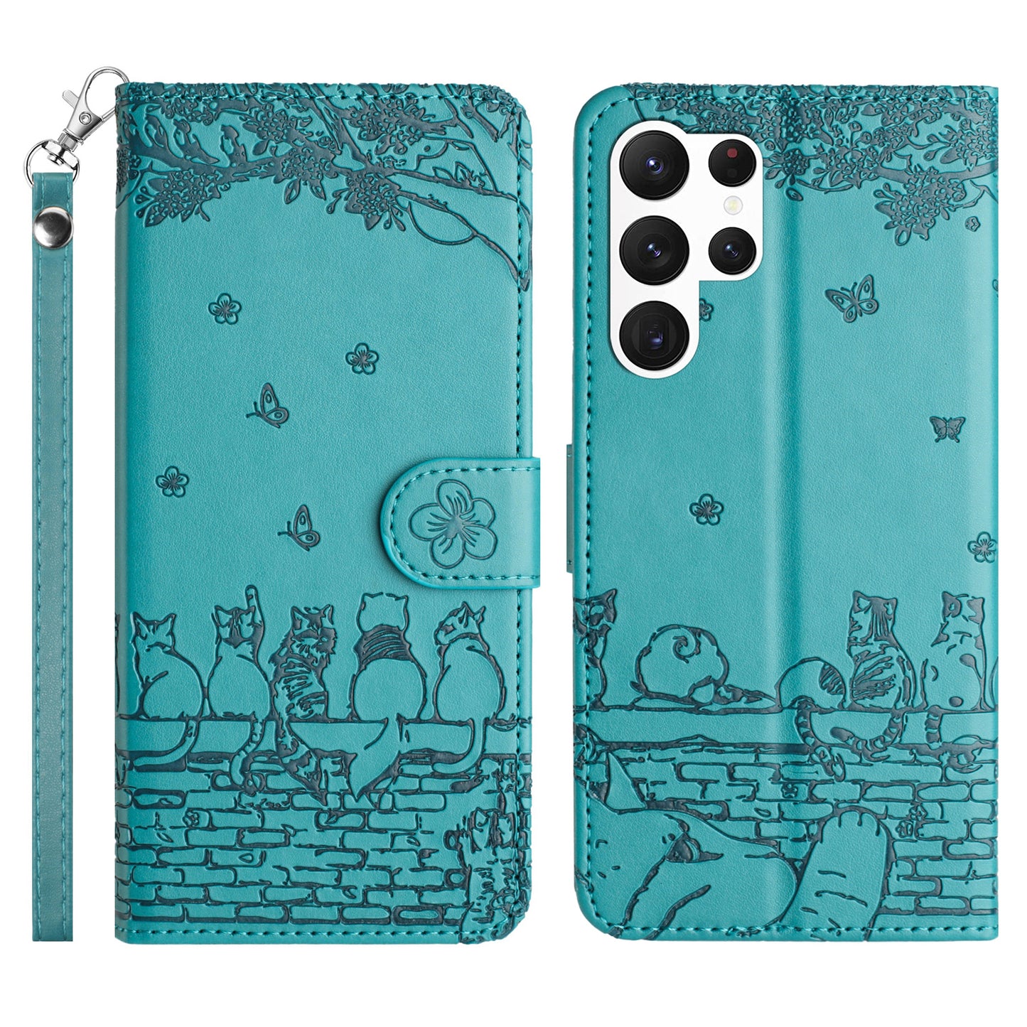 Wall Cats Imprinted Phone Case for Samsung Galaxy S23 Ultra , PU Leather Stand Wallet Cover with Strap - Blue