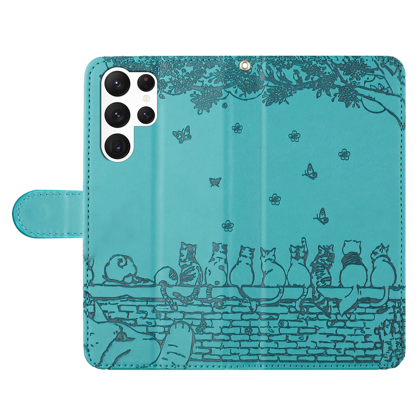 Wall Cats Imprinted Phone Case for Samsung Galaxy S23 Ultra , PU Leather Stand Wallet Cover with Strap - Blue