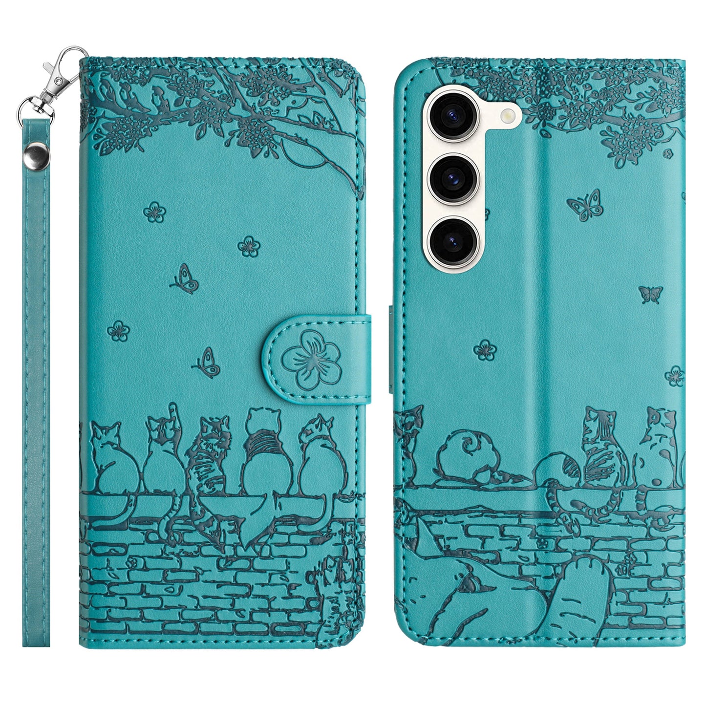 Phone Leather Cover for Samsung Galaxy S23 , Stand Wallet Imprinted Wall Cats Case with Strap - Blue