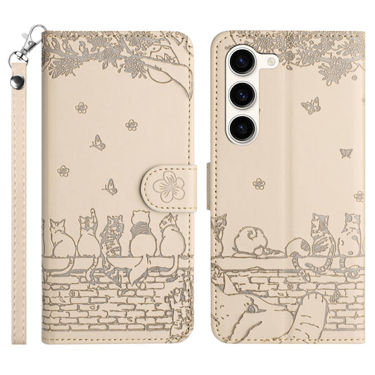 Phone Leather Cover for Samsung Galaxy S23 , Stand Wallet Imprinted Wall Cats Case with Strap - Apricot