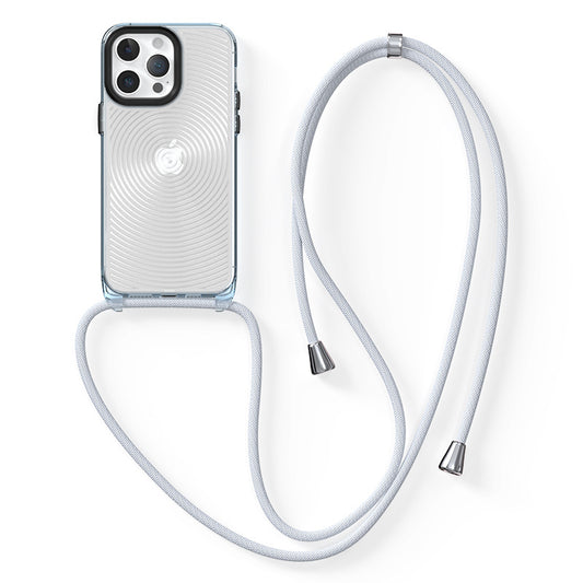 Soft TPU + Hard PC Case for iPhone 14 Pro Clear Slim Case 3D Textured Phone Cover with Lanyard - Blue / Circles