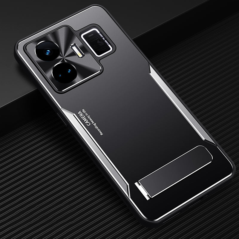 Uniqkart for Realme GT Neo 5 5G Dustproof Cell Phone Shell TPU+Aluminium Alloy Cover Kickstand Phone Case - Silver