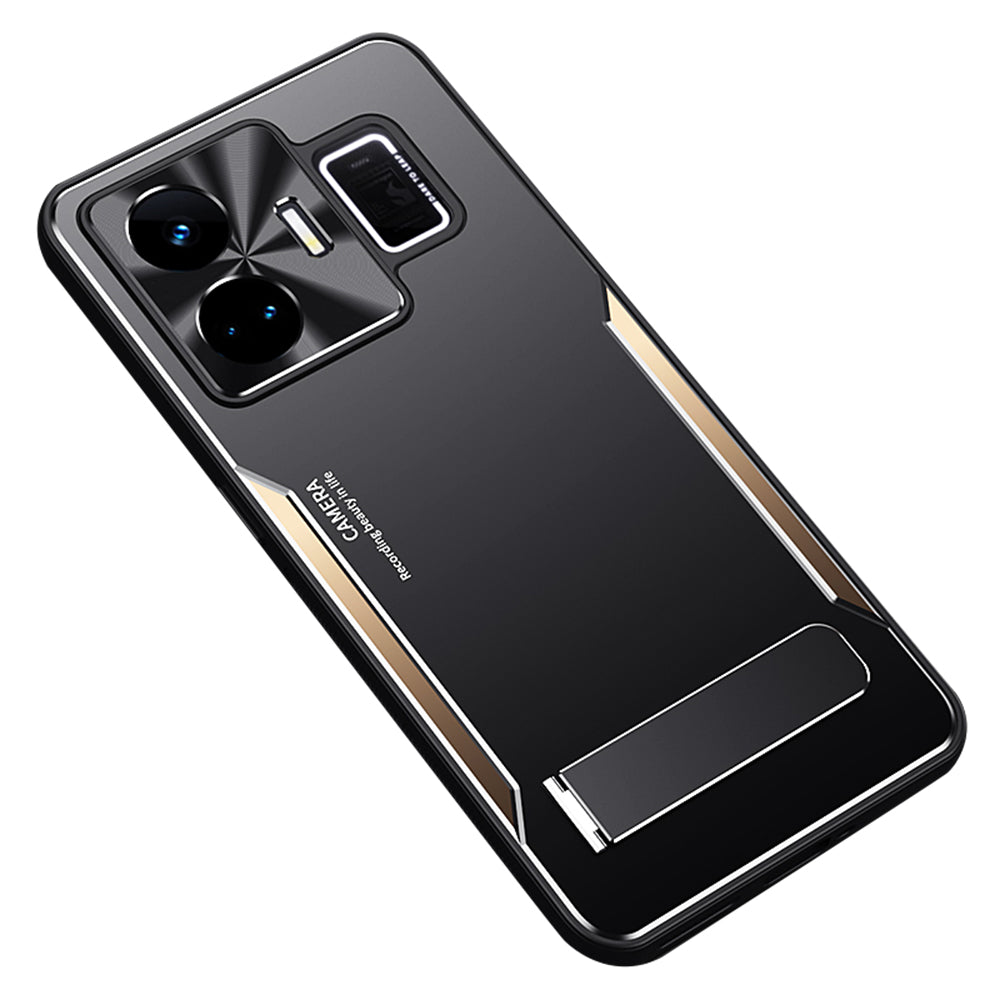 Uniqkart for Realme GT Neo 5 5G Dustproof Cell Phone Shell TPU+Aluminium Alloy Cover Kickstand Phone Case - Gold