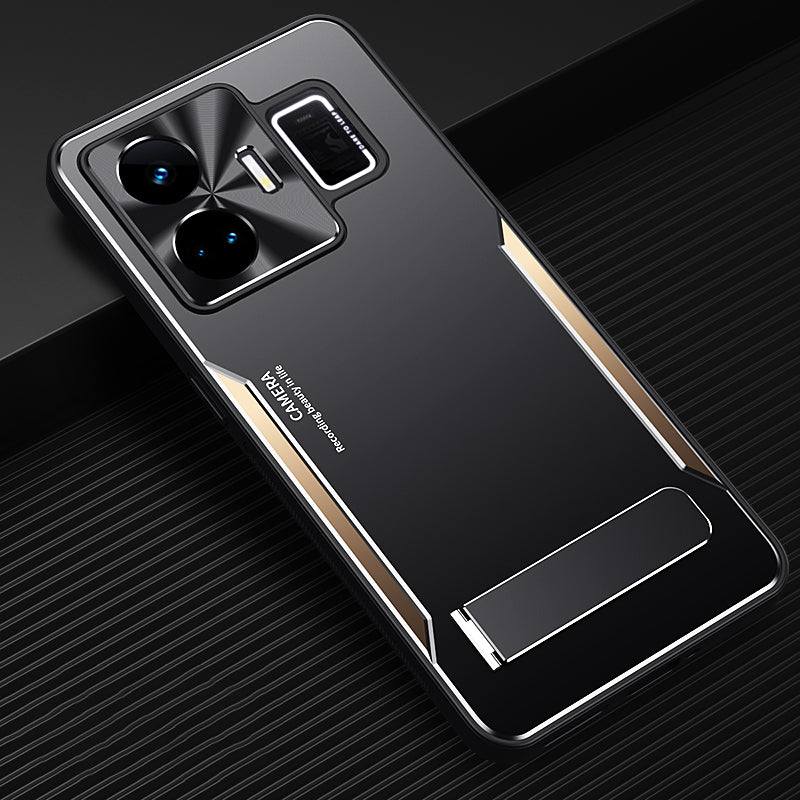 Uniqkart for Realme GT Neo 5 5G Dustproof Cell Phone Shell TPU+Aluminium Alloy Cover Kickstand Phone Case - Gold