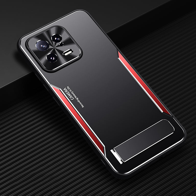 Uniqkart for Xiaomi 13 Cell Phone Cover Hard Aluminium Alloy + Flexible TPU Kickstand Phone Case - Red