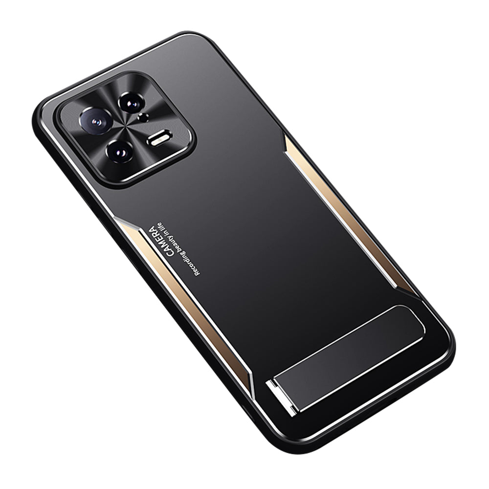 Uniqkart for Xiaomi 13 Cell Phone Cover Hard Aluminium Alloy + Flexible TPU Kickstand Phone Case - Gold