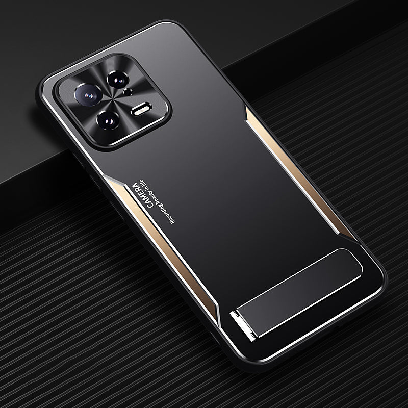 Uniqkart for Xiaomi 13 Cell Phone Cover Hard Aluminium Alloy + Flexible TPU Kickstand Phone Case - Gold