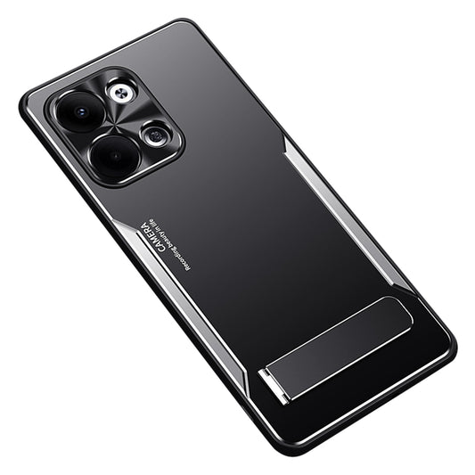 Uniqkart for Oppo Reno9 Pro 5G Anti-Fingerprint Cell Phone Shell TPU+Aluminium Alloy Cover Kickstand Case - Silver
