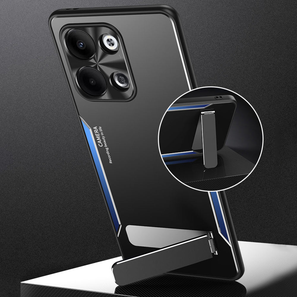 Uniqkart for Oppo Reno9 Pro 5G Anti-Fingerprint Cell Phone Shell TPU+Aluminium Alloy Cover Kickstand Case - Red