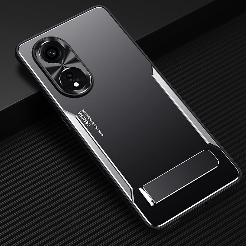 Uniqkart for Oppo A1 Pro 5G / Reno8 T 5G / A98 5G Shockproof Phone Case TPU+Aluminium Alloy Smartphone Cover with Kickstand - Silver