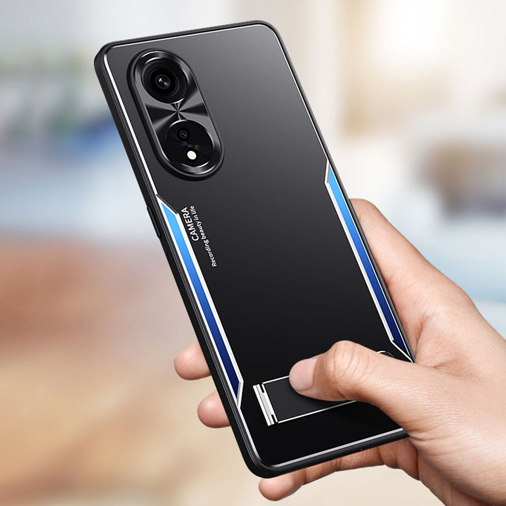 Uniqkart for Oppo A1 Pro 5G / Reno8 T 5G / A98 5G Shockproof Phone Case TPU+Aluminium Alloy Smartphone Cover with Kickstand - Silver