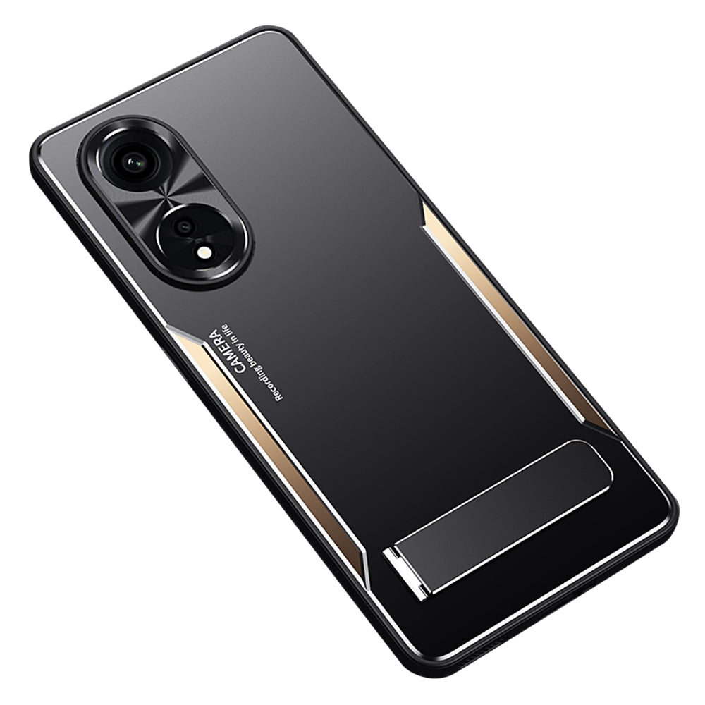 Uniqkart for Oppo A1 Pro 5G / Reno8 T 5G / A98 5G Shockproof Phone Case TPU+Aluminium Alloy Smartphone Cover with Kickstand - Gold