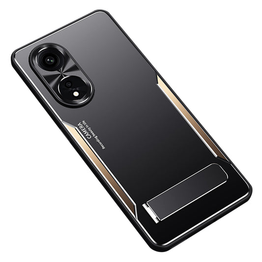 Uniqkart for Oppo A1 Pro 5G / Reno8 T 5G / A98 5G Shockproof Phone Case TPU+Aluminium Alloy Smartphone Cover with Kickstand - Gold