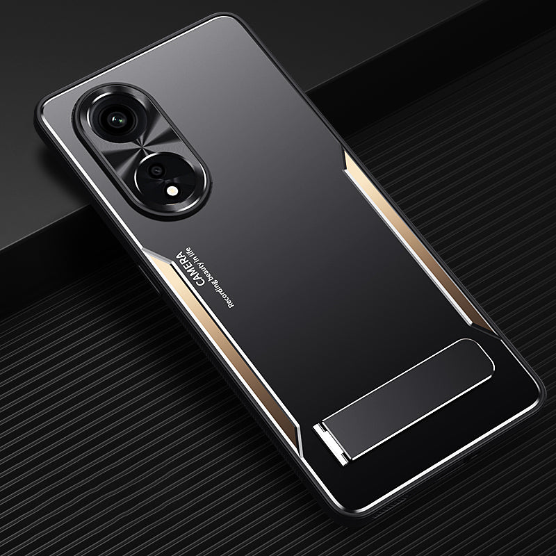 Uniqkart for Oppo A1 Pro 5G / Reno8 T 5G / A98 5G Shockproof Phone Case TPU+Aluminium Alloy Smartphone Cover with Kickstand - Gold