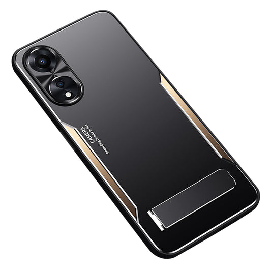 Uniqkart for Oppo A58 5G Kickstand Phone Case Aluminum Alloy Soft TPU Lens Protection Cover - Gold